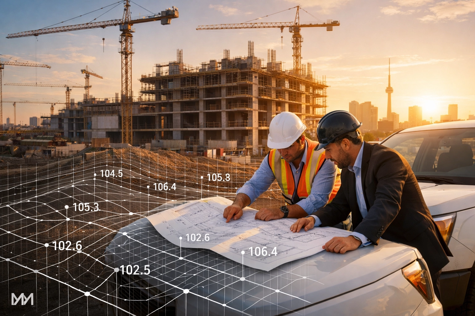 Civil engineer and developer reviewing site grading plans at a construction site in the GTA.