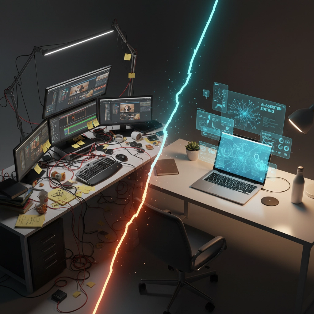 A split-screen depiction contrasts chaotic, manual video editing with a clean, efficient AI-assisted setup, highlighting the evolution of technology in creative workflows.


