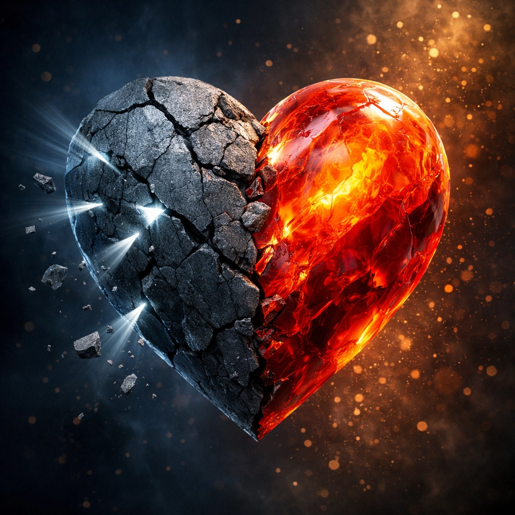 A stone heart breaking away to reveal a heart of light, symbolizing biblical transformation over outward agreement.