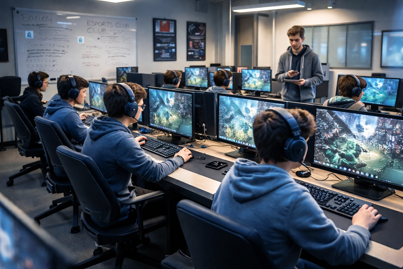 High school students participating in an esports practice session, highlighting the role of gaming in education