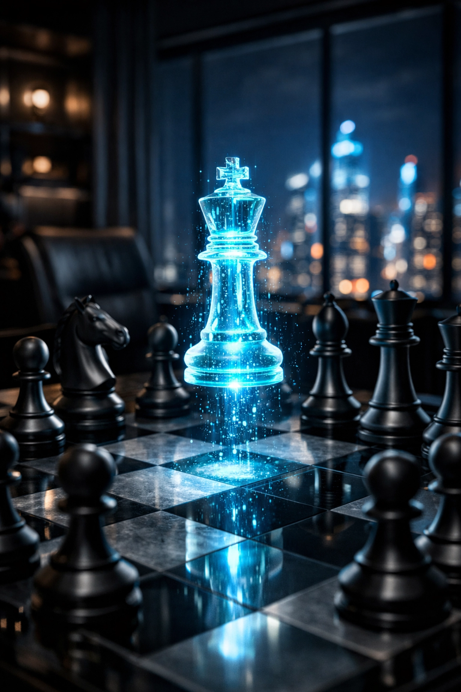 Holografische Schachfigur auf gläsernem Brett symbolisiert den entscheidenden Zug in der KI-Strategie.