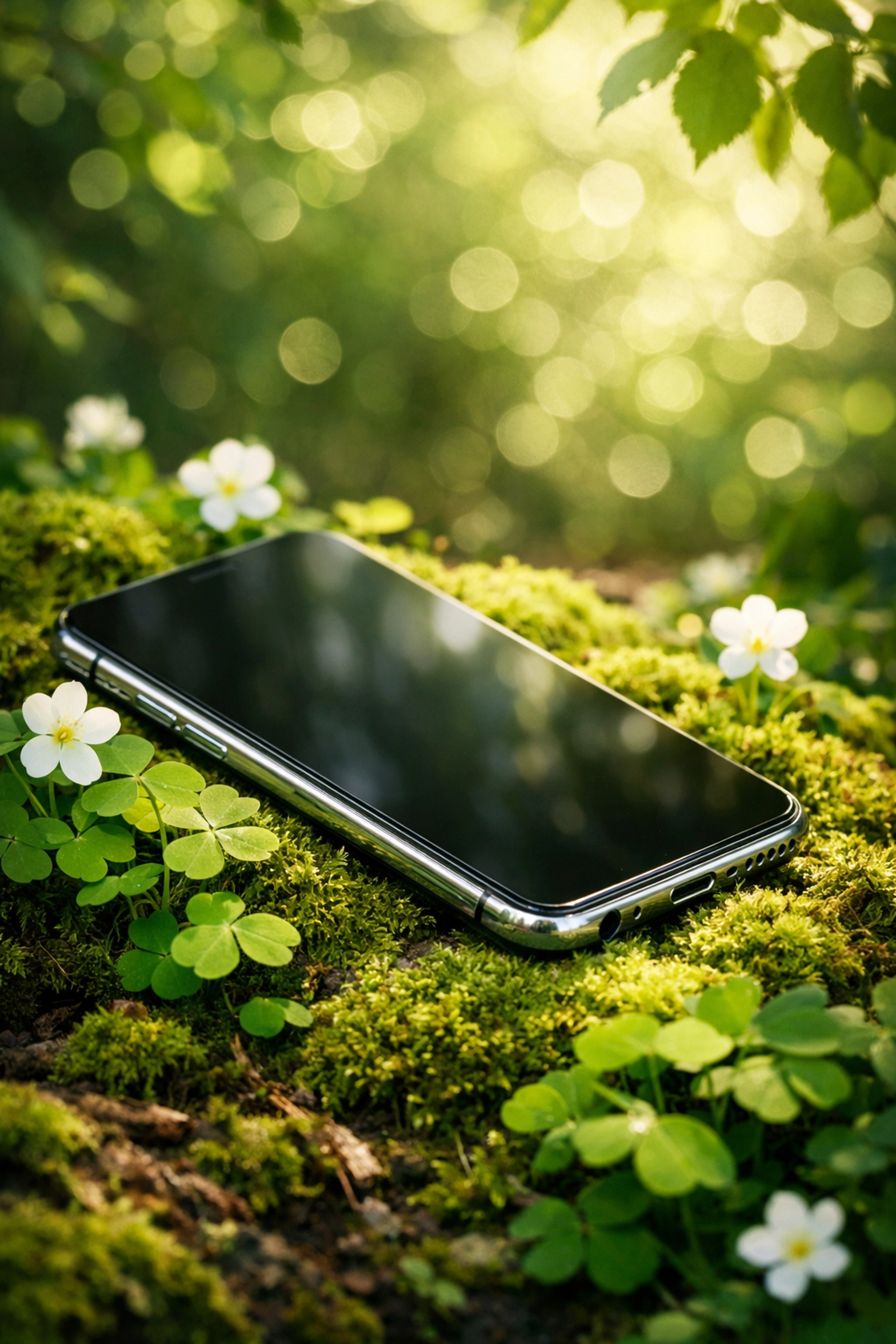 A smartphone resting in nature showing the environmental benefits when you sell mobile for cash.