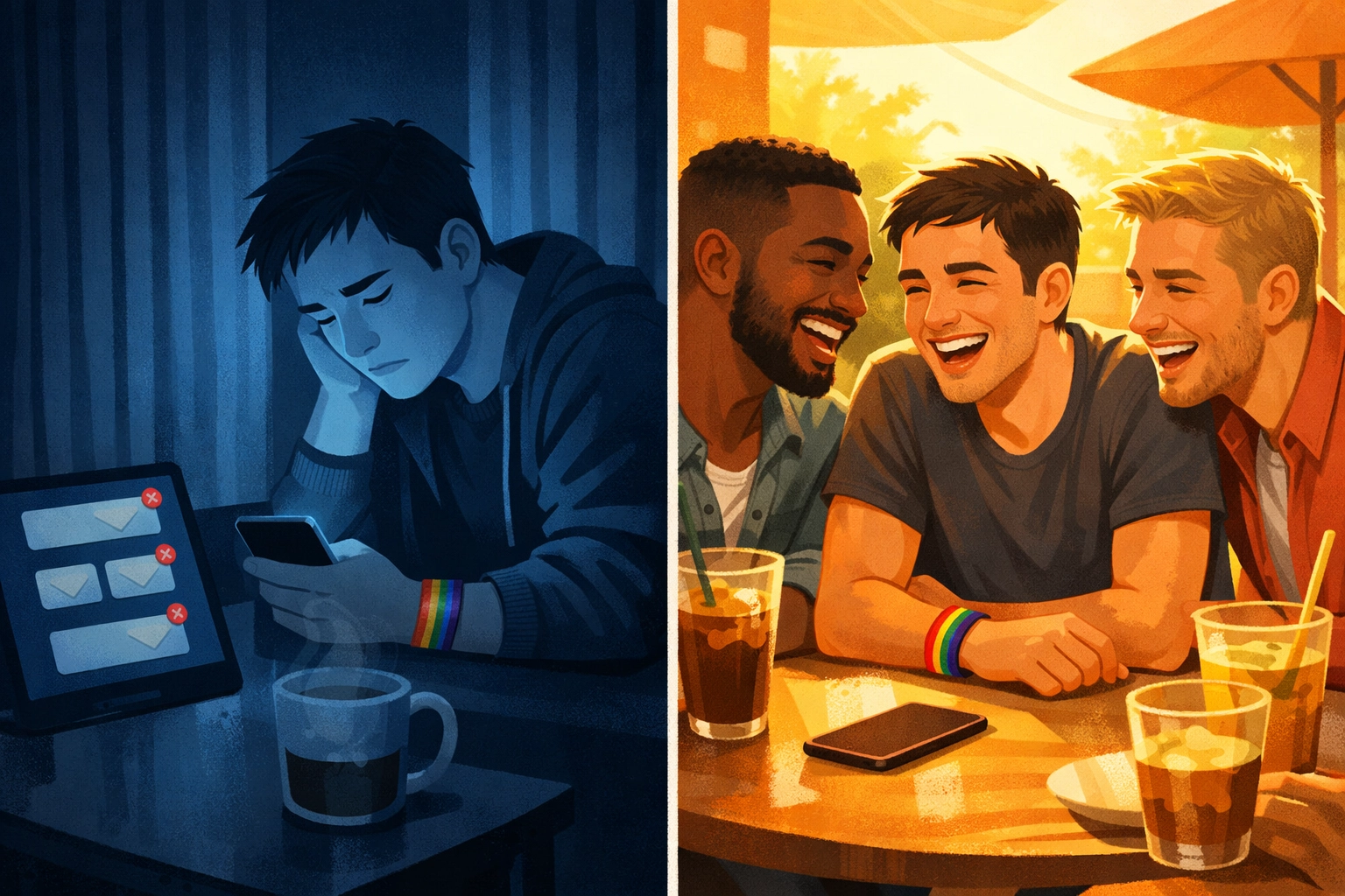 Gay man showing isolation from phone use versus connection with friends, LGBTQ+ mental health