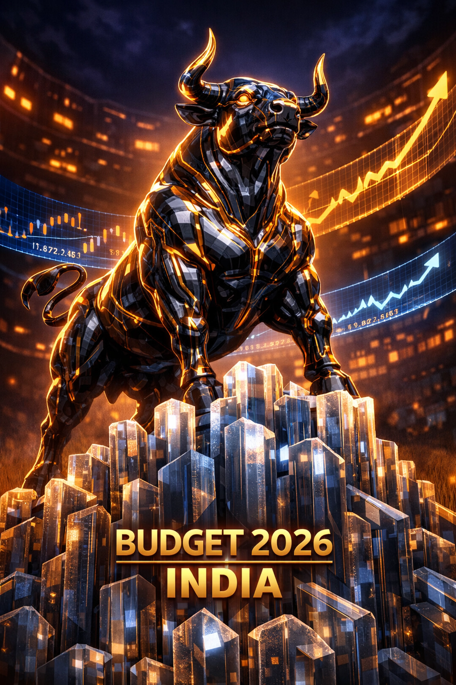 A powerful golden bull symbolizing fiscal stability and GDP growth under Budget 2026 India.