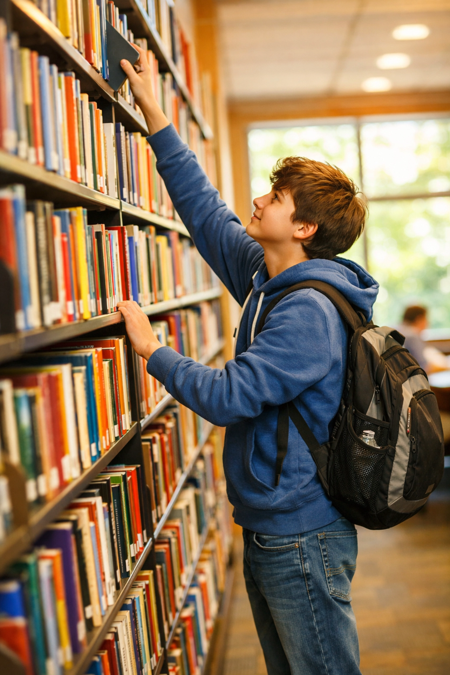 Student reaching for books on library shelf to access free educational resources