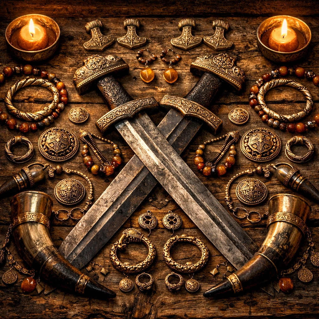 Viking swords and jewelry from companion burial showing evidence of warrior bond