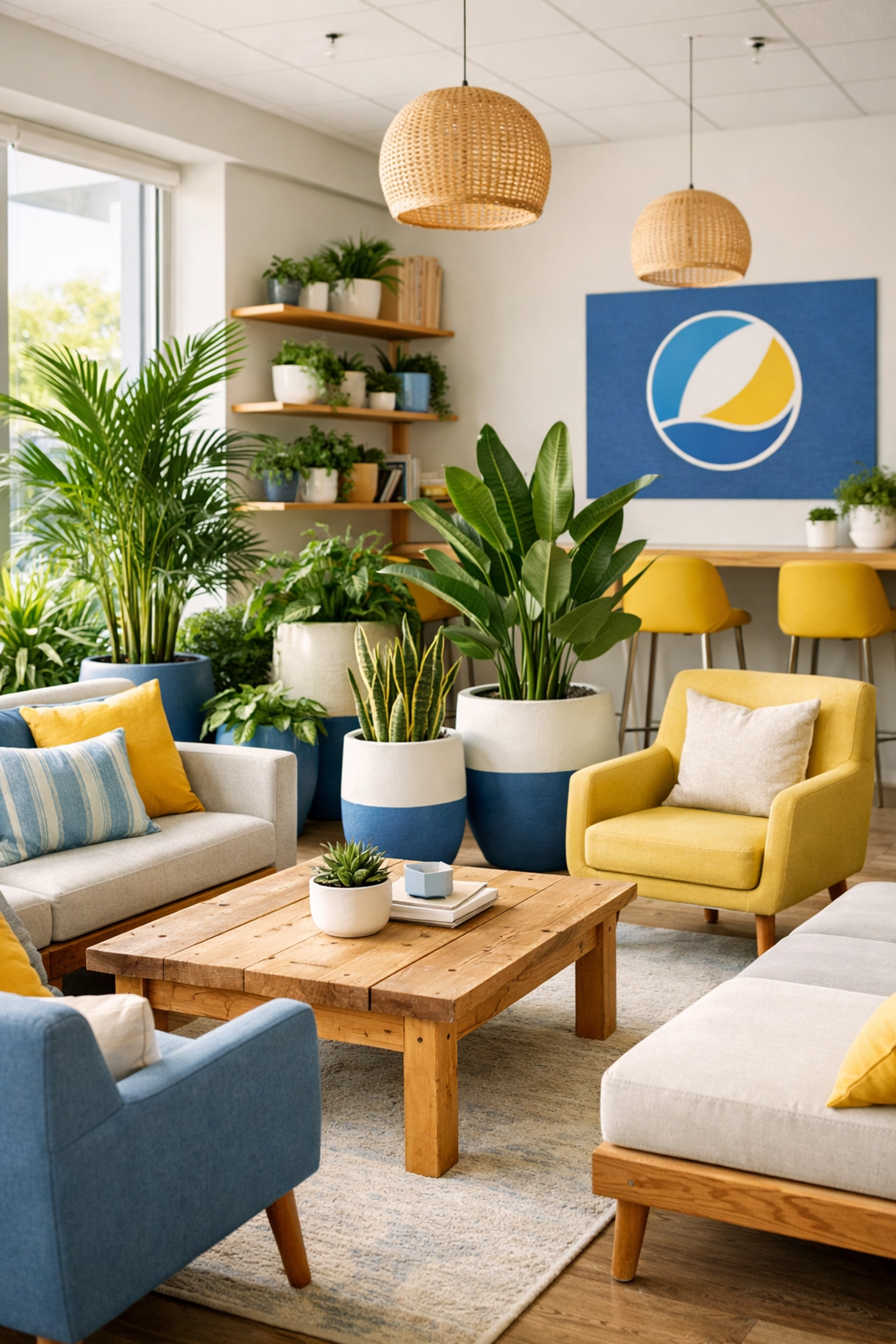 Eco-friendly Amherst office lounge featuring sustainable decor and green cleaning practices.