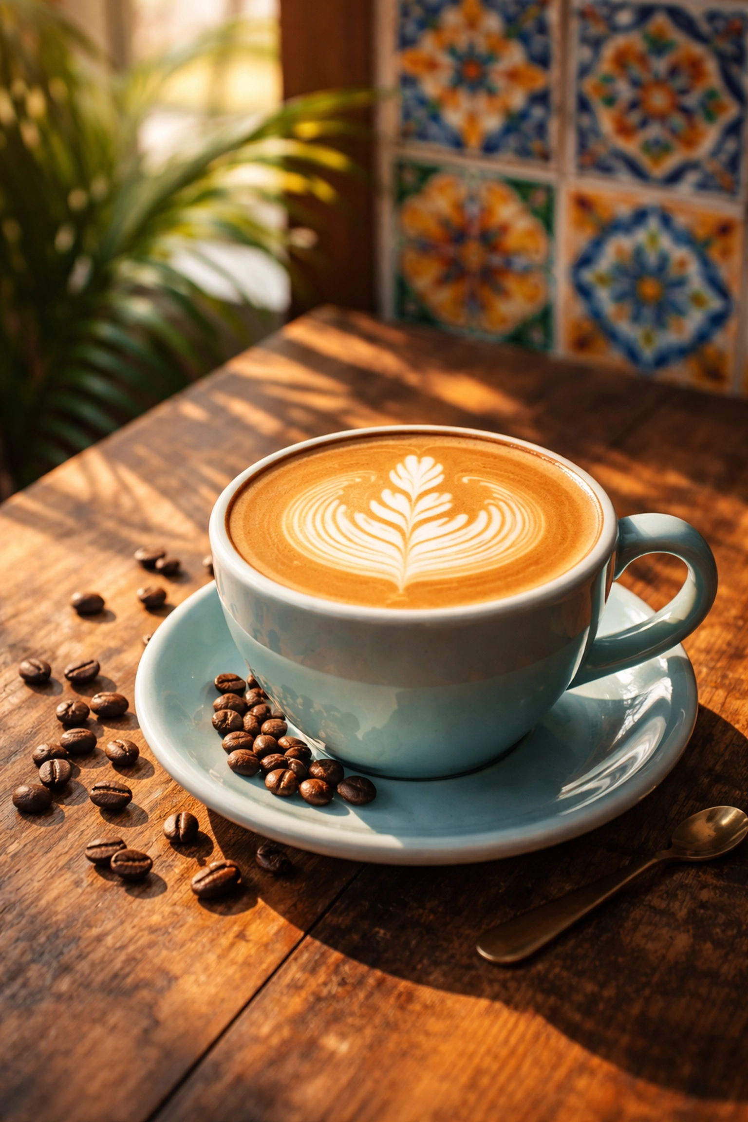 Latte with beautiful foam art and fresh coffee beans in a bright Puerto Vallarta cafe, perfect for coffee lovers.
