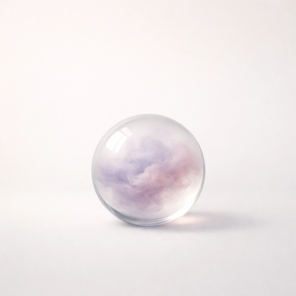 A translucent sphere with mist representing the internal weight of burnout and unnamed professional loss.