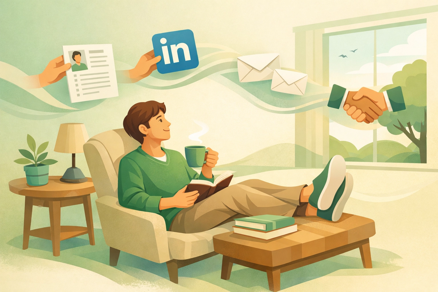 Relaxed job seeker at home as recruiting tasks are handled by expert support