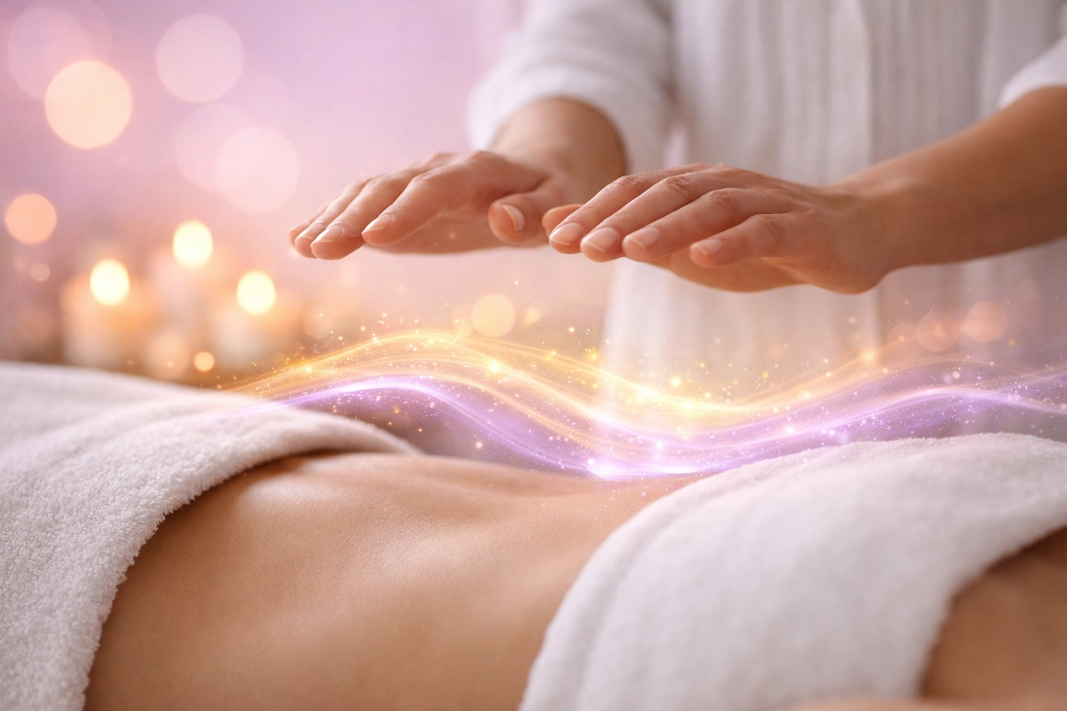 Reiki practitioner's hands hovering above client during energy healing session