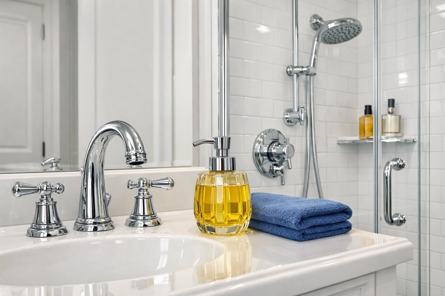 Spotless luxury bathroom with reflective chrome fixtures and sanitized surfaces after a deep clean.