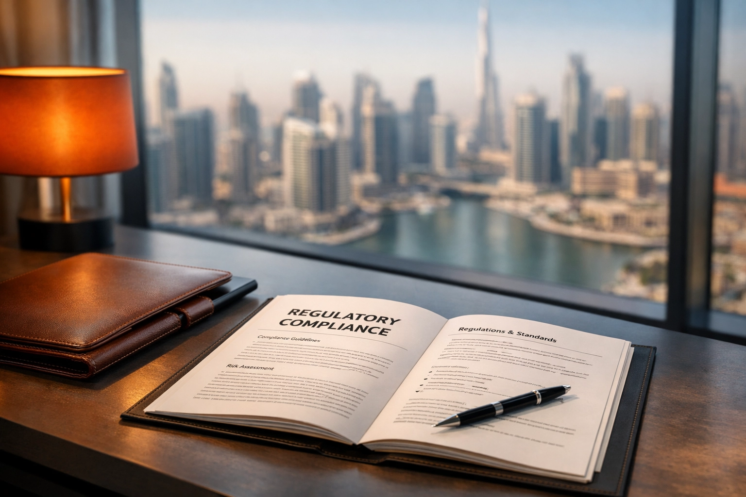Dubai office interior with compliance documents illustrating UAE business regulations and requirements