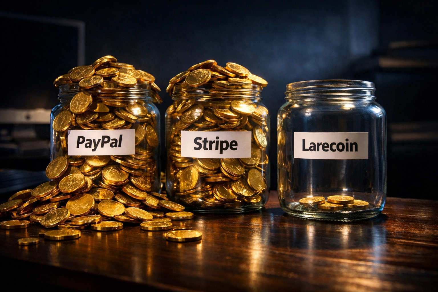 Three jars comparing crypto payment processor fees showing Larecoin's minimal costs versus competitors' high fees