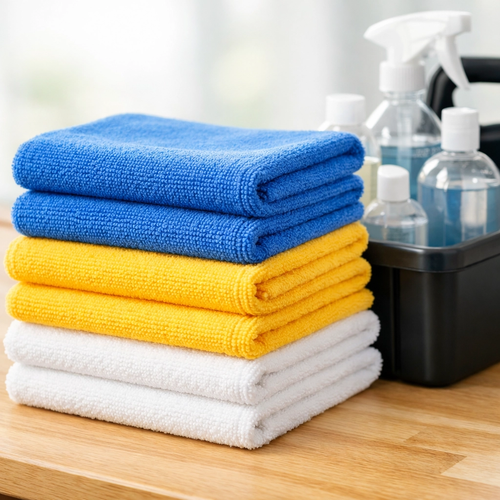 Clean microfiber cloths and supplies ready for expert house cleaning Pepperell MA services.