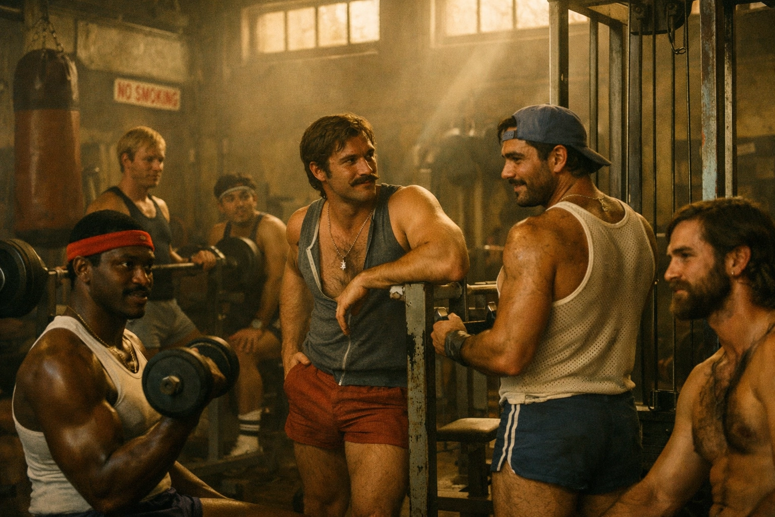 Gay men in 1970s gym representing historic LGBTQ+ social spaces and queer community