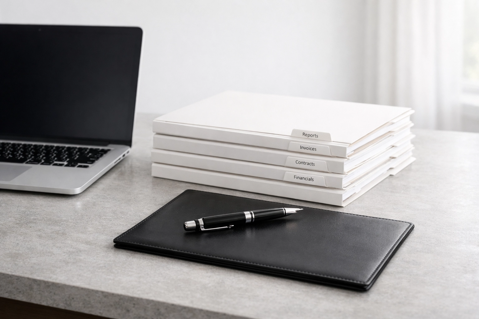 Organized office desk with folders representing financial preparation for a Mississippi business sale.
