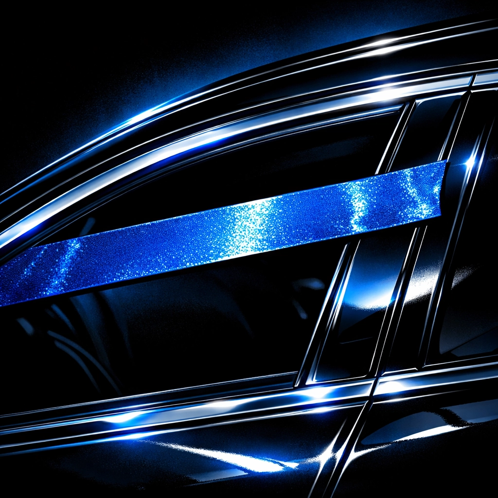 Car window cracked open with blue retention tape applied after a professional windshield replacement.