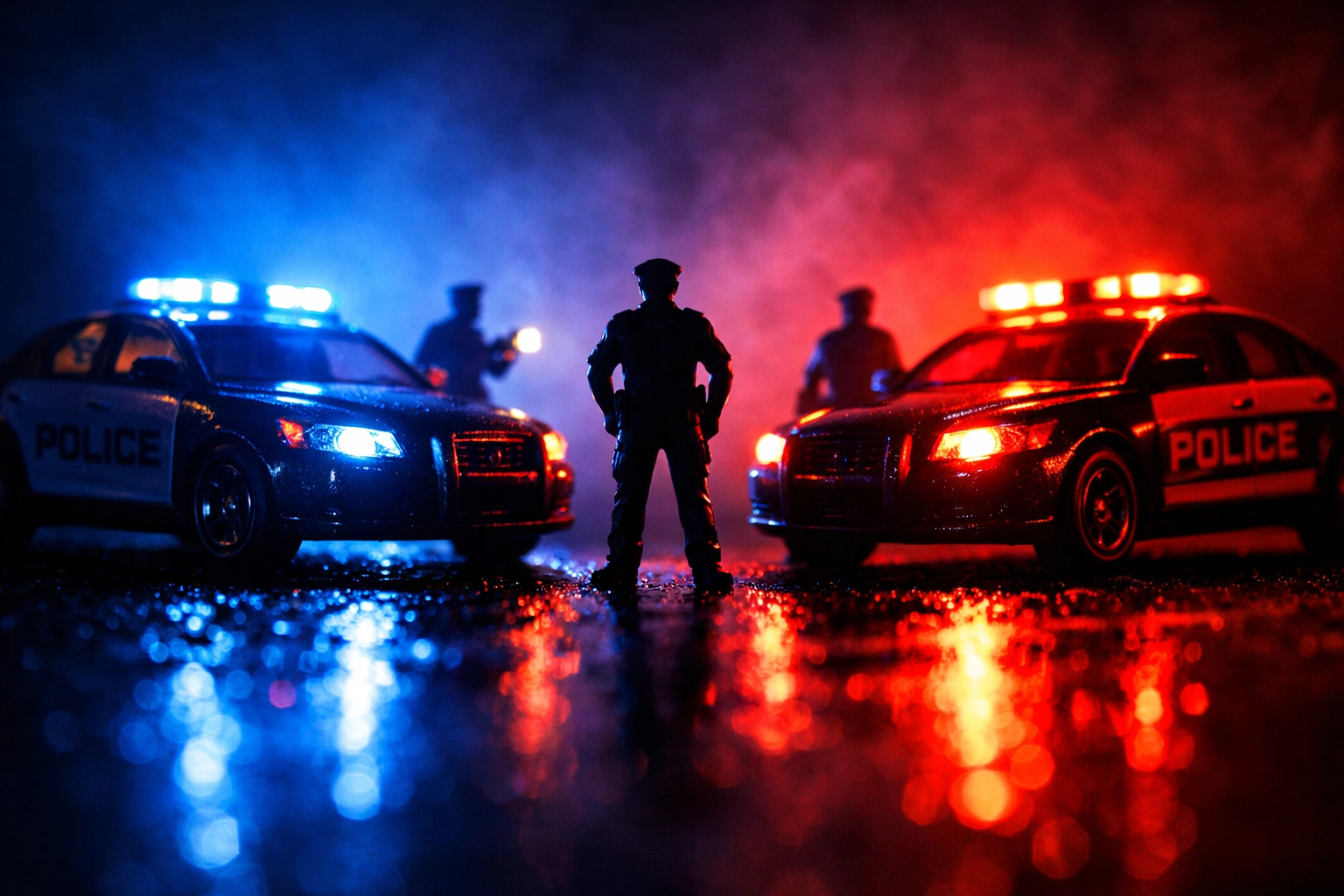 Cinematic night scene with 1:64 scale figures and flashing red and blue police emergency lights.