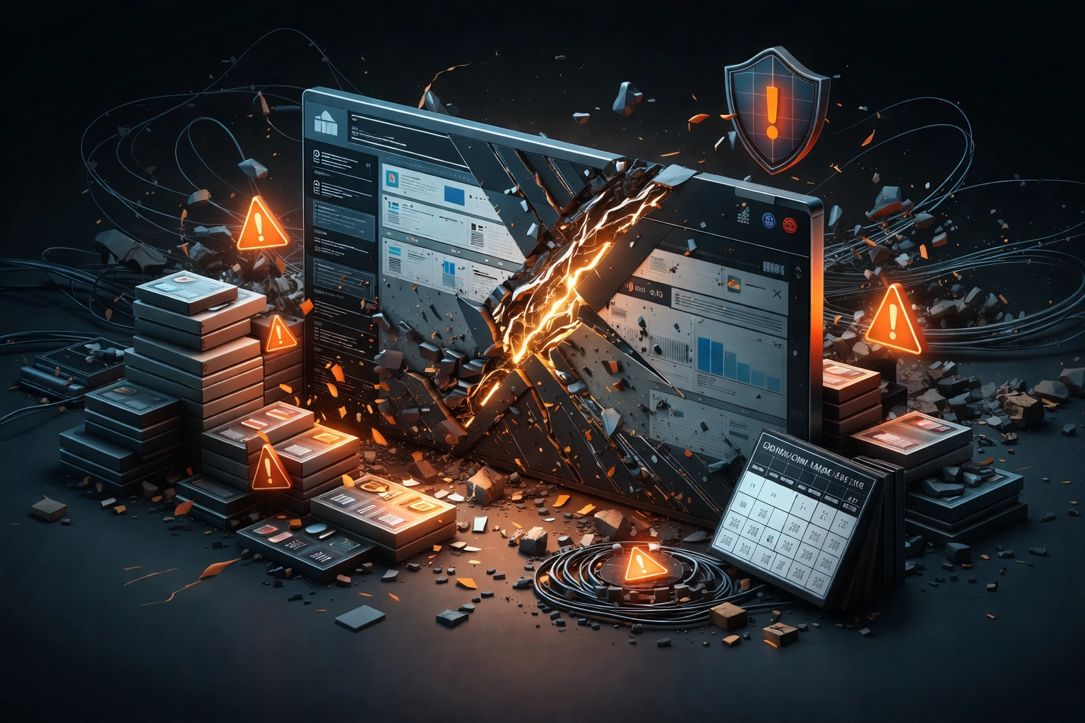 Illustration of a neglected WordPress dashboard shattering with warning signs, symbolizing website chaos and security risks from poor maintenance.
