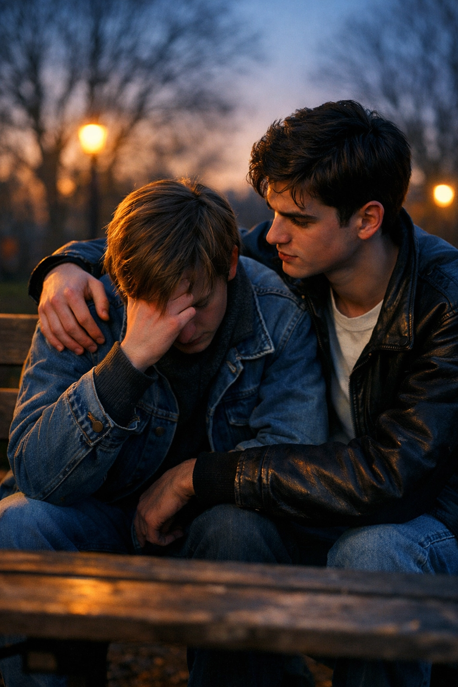Two gay young men supporting each other during UK Section 28 discrimination period