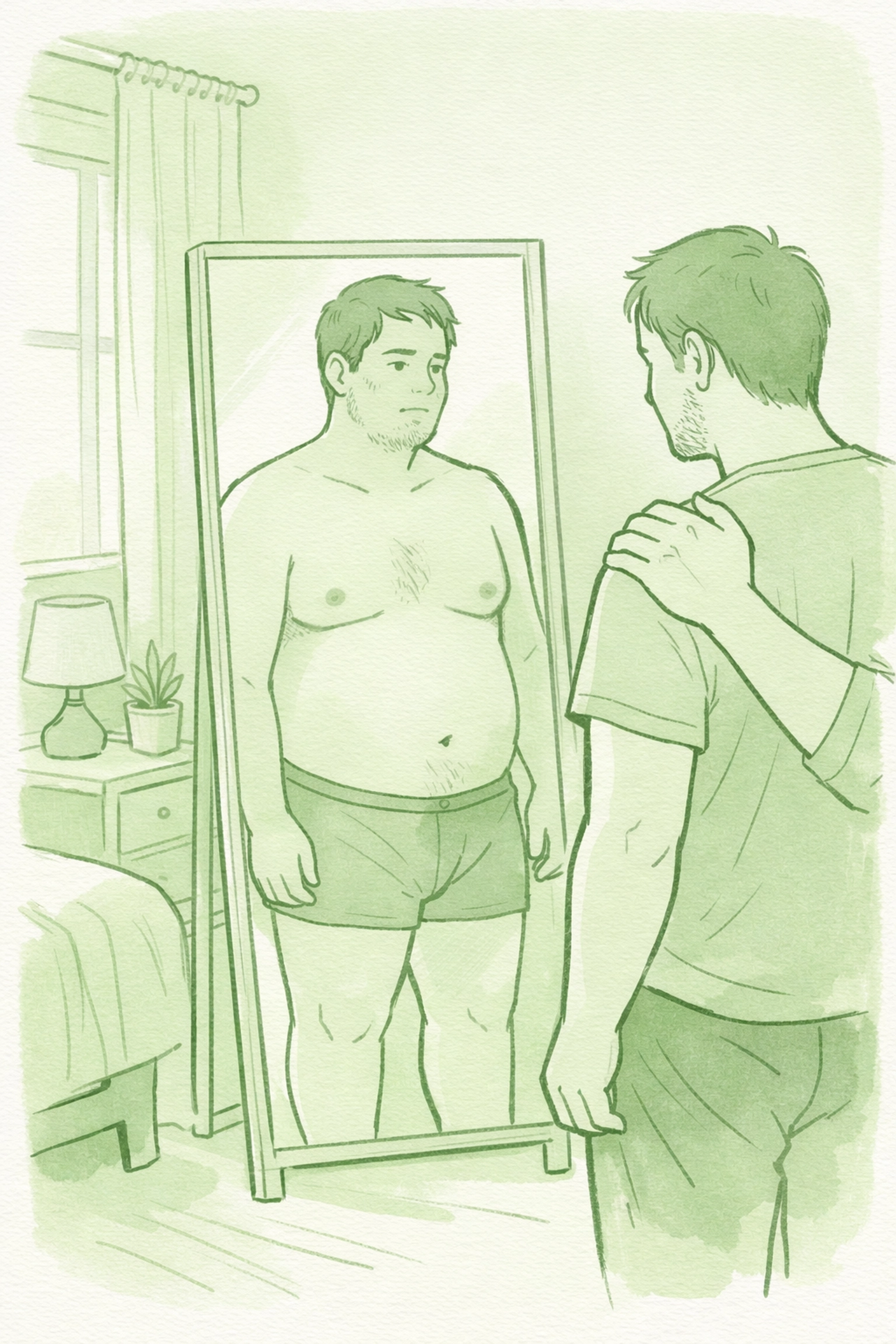 Gay man facing mirror with partner's supportive hand emphasizing body positivity and healing