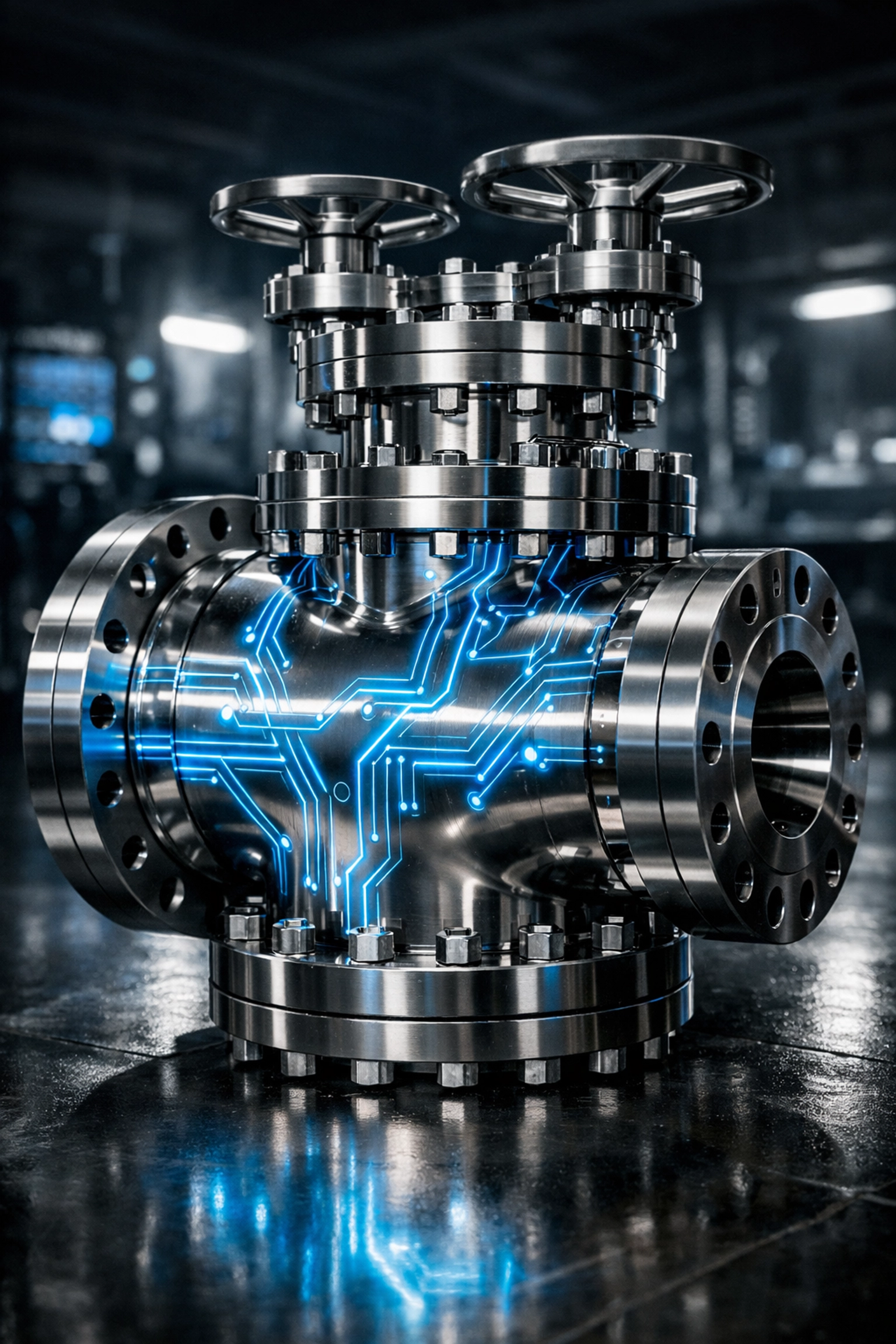 Polished subsea valve with glowing digital circuits illustrating energy industry hardware and software integration.