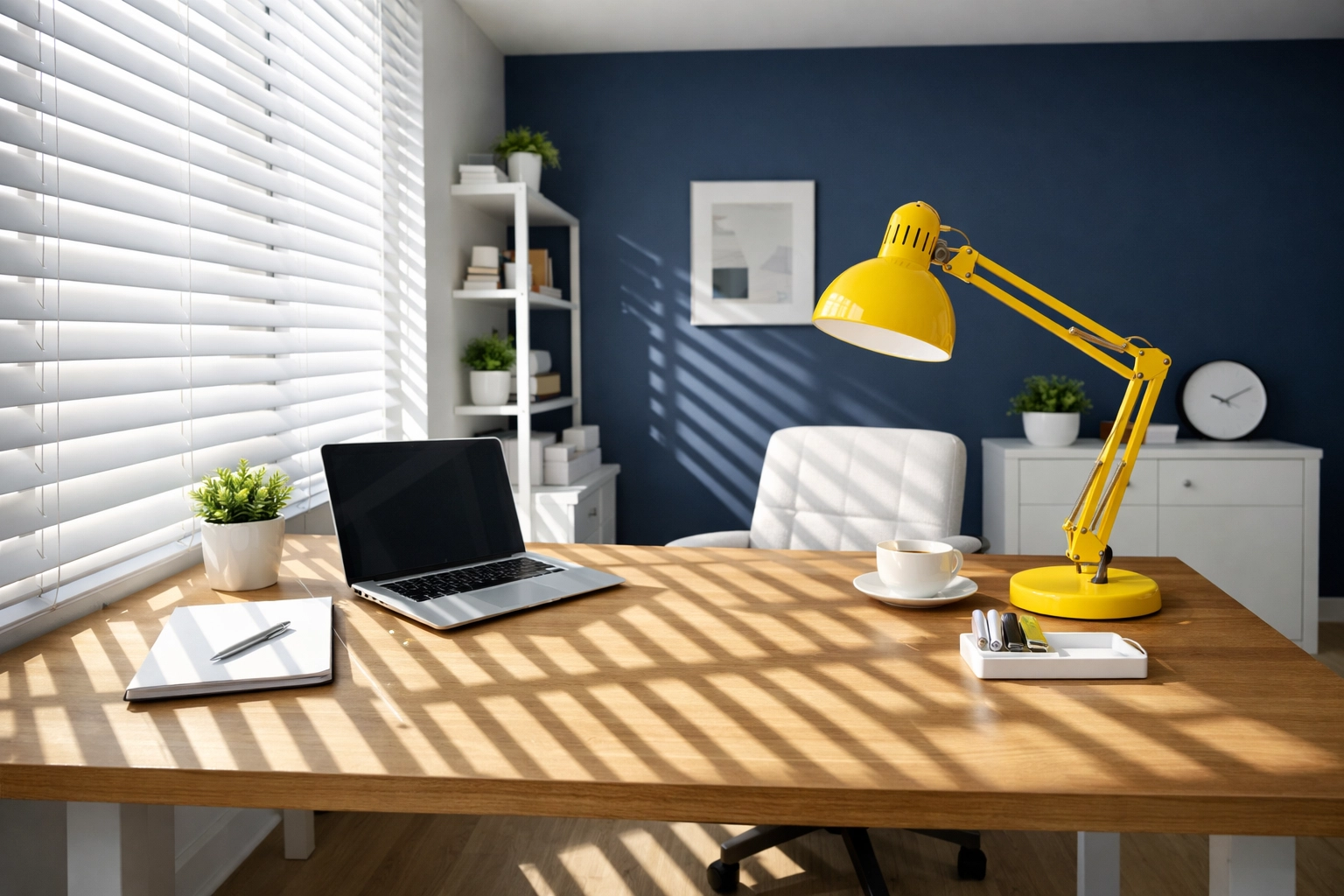 Clean white Venetian blinds in a sun-drenched home office showcasing professional cleaning results.