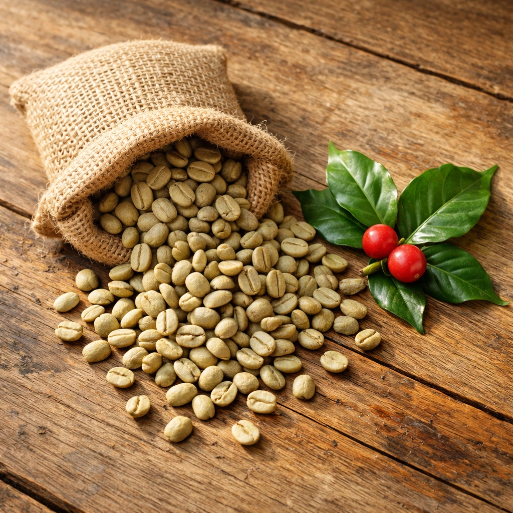 Fresh green unroasted coffee beans and red coffee cherries from a single origin farm source.