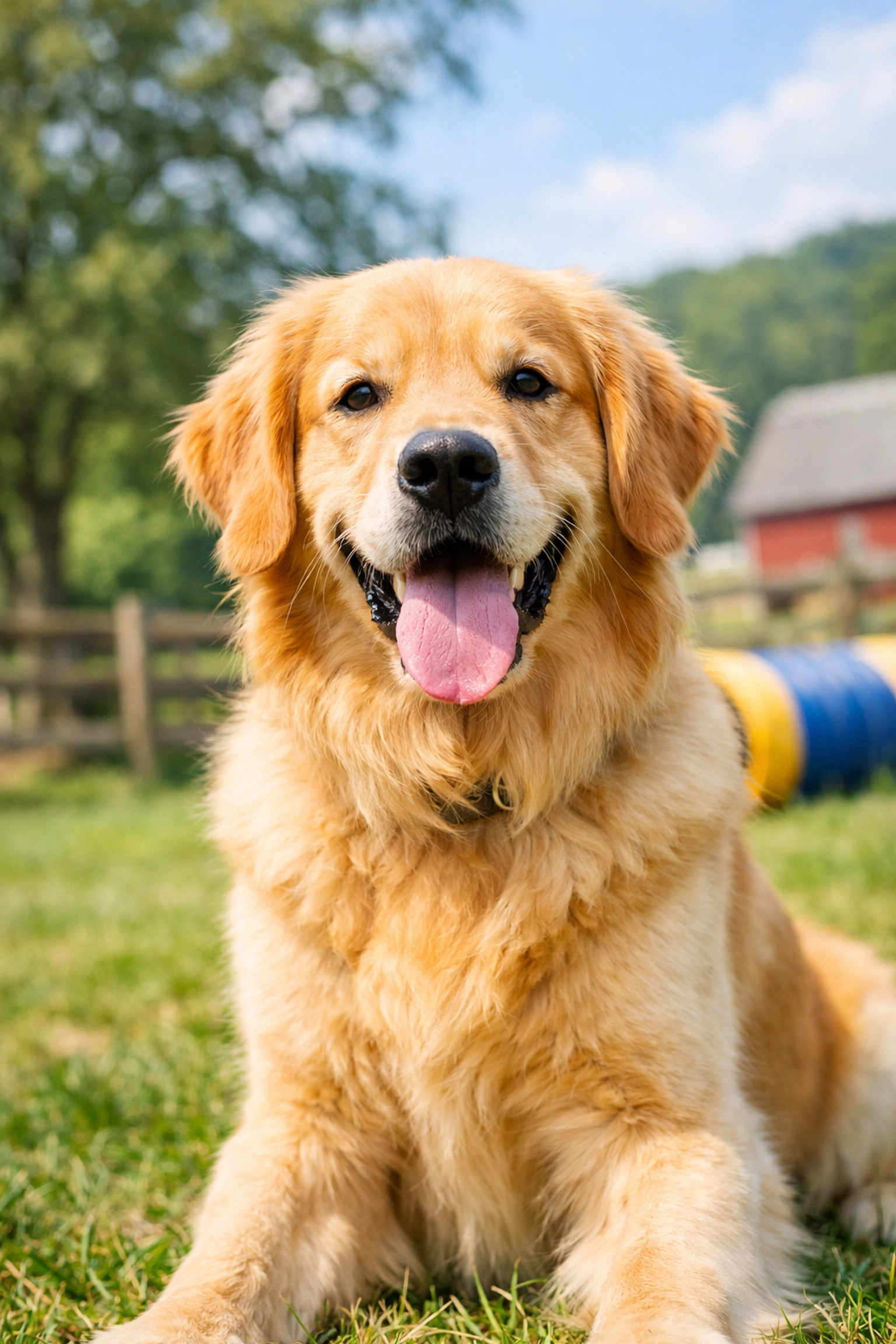 Happy Golden Retriever enjoying outdoor playtime at Green Acres K-9 Resort, a holistic dog boarding facility.
