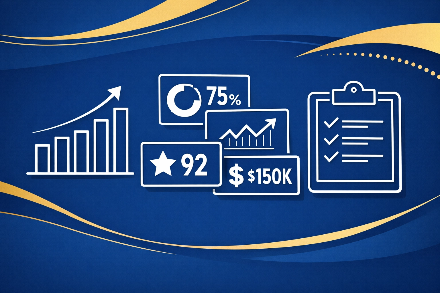Flat KPI dashboard graphic with charts and checklists, representing performance rhythm and accountability