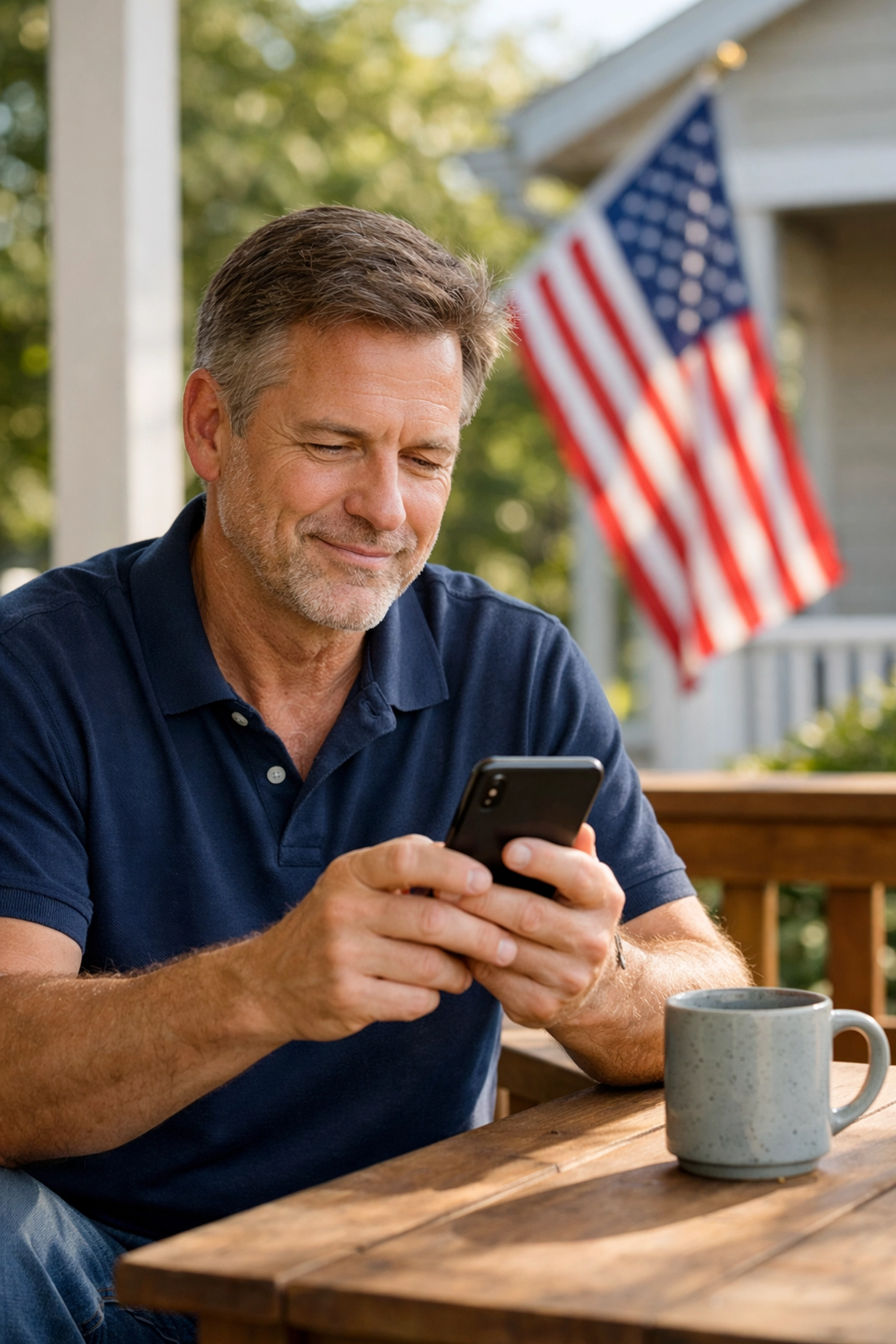 A man reads the daily press release on his phone to stay informed on patriotic updates and community news.