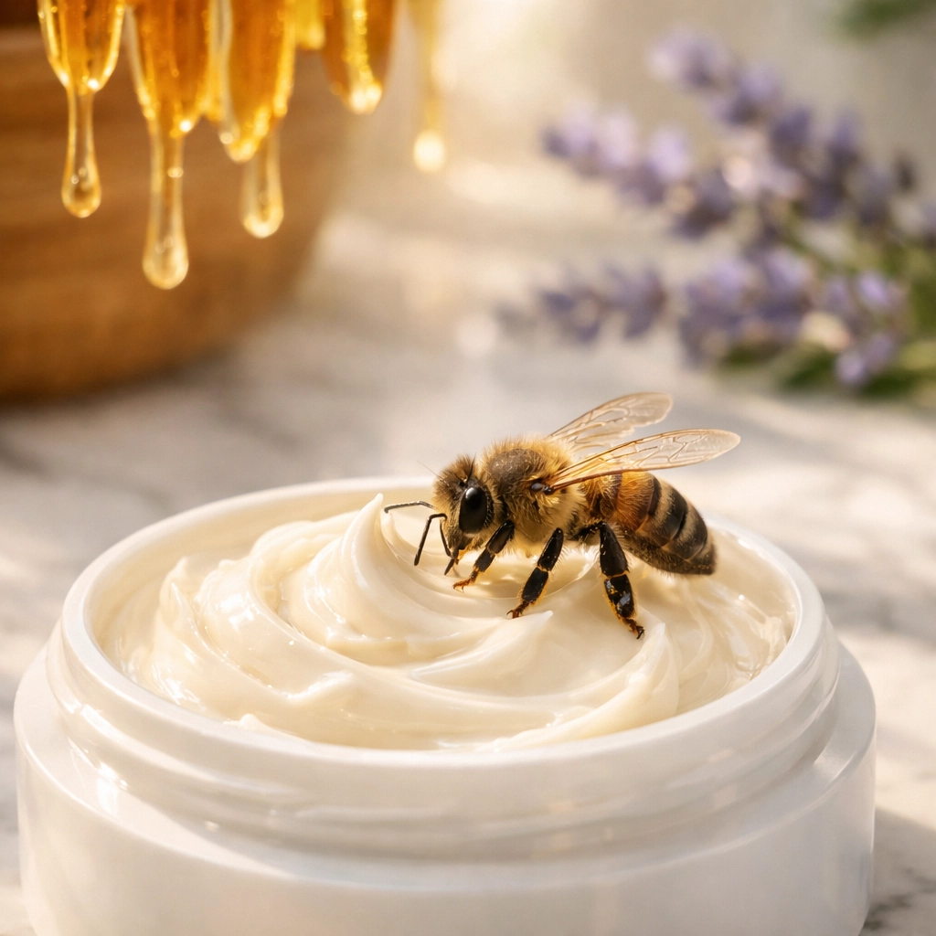 Honeybee on white cream showing bee venom therapy for natural skincare