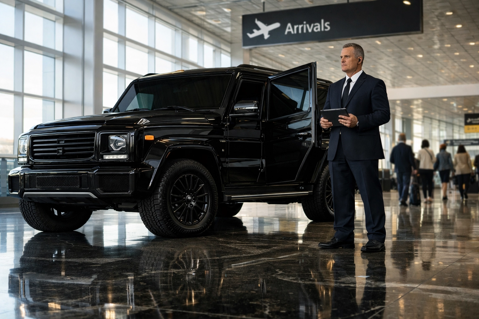 VIP security driver with armored SUV at Medellin airport arrival terminal
