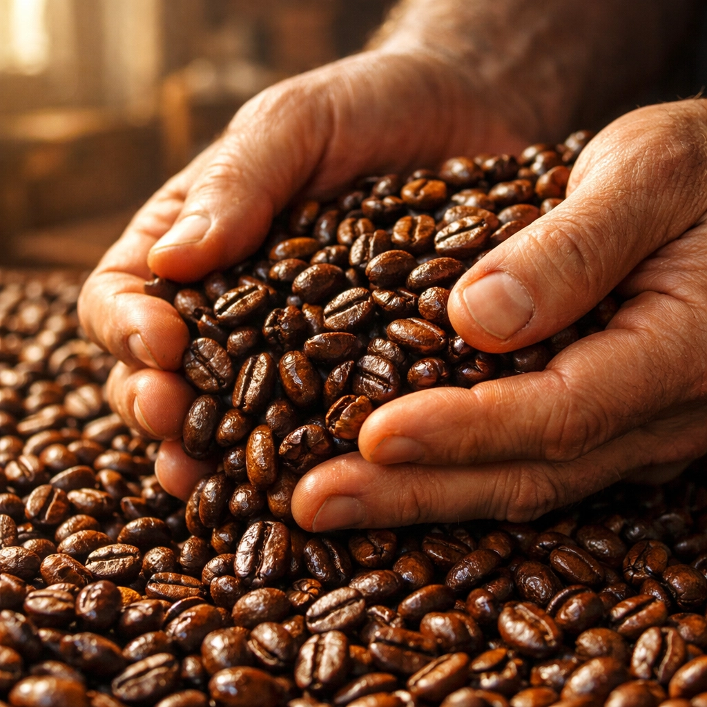 Quality-focused inspection of roasted specialty coffee beans from a wholesale coffee roaster.