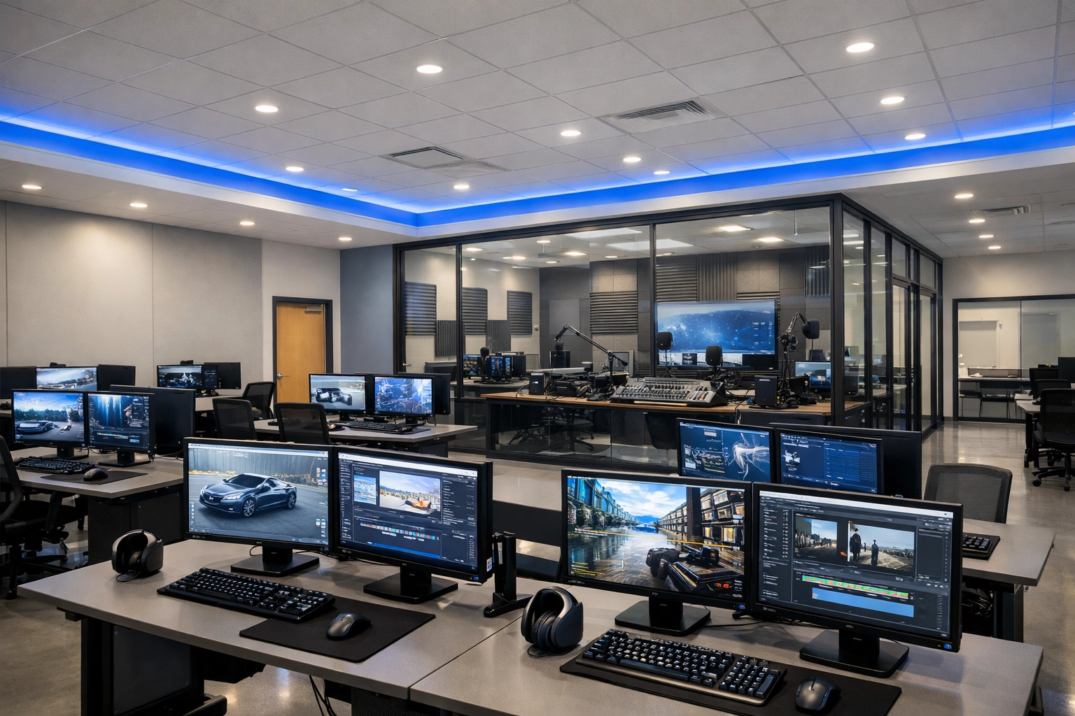 Modern high school simulation lab and media center designed for creative production and educational venue management.