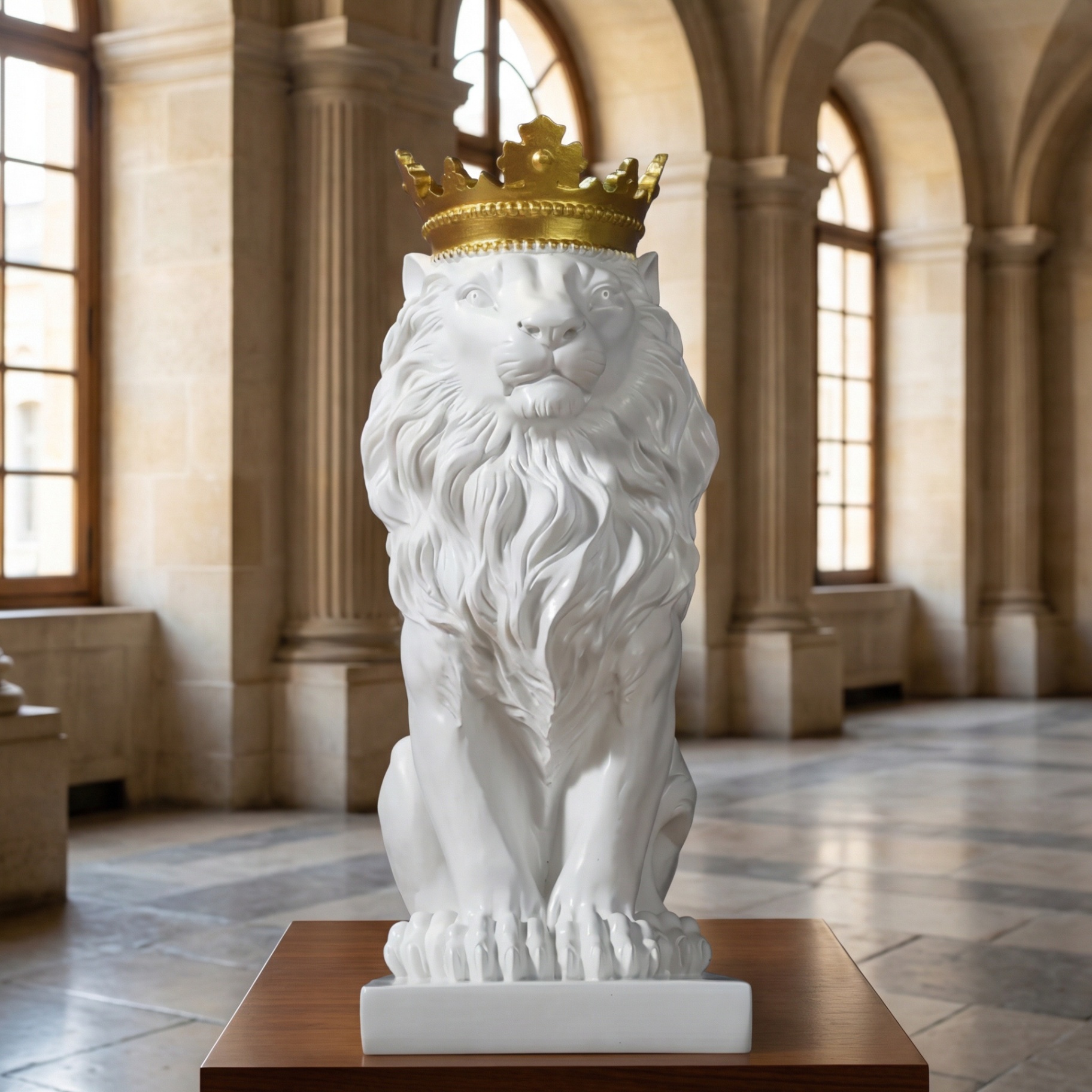 White marble lion sculpture with a gold crown Displayed on a wooden pedestal in an elegant, arched gallery, this decor piece exemplifies Silk Road’s signature blend of timeless sophistication and classic luxury suitable for upscale interior spaces.