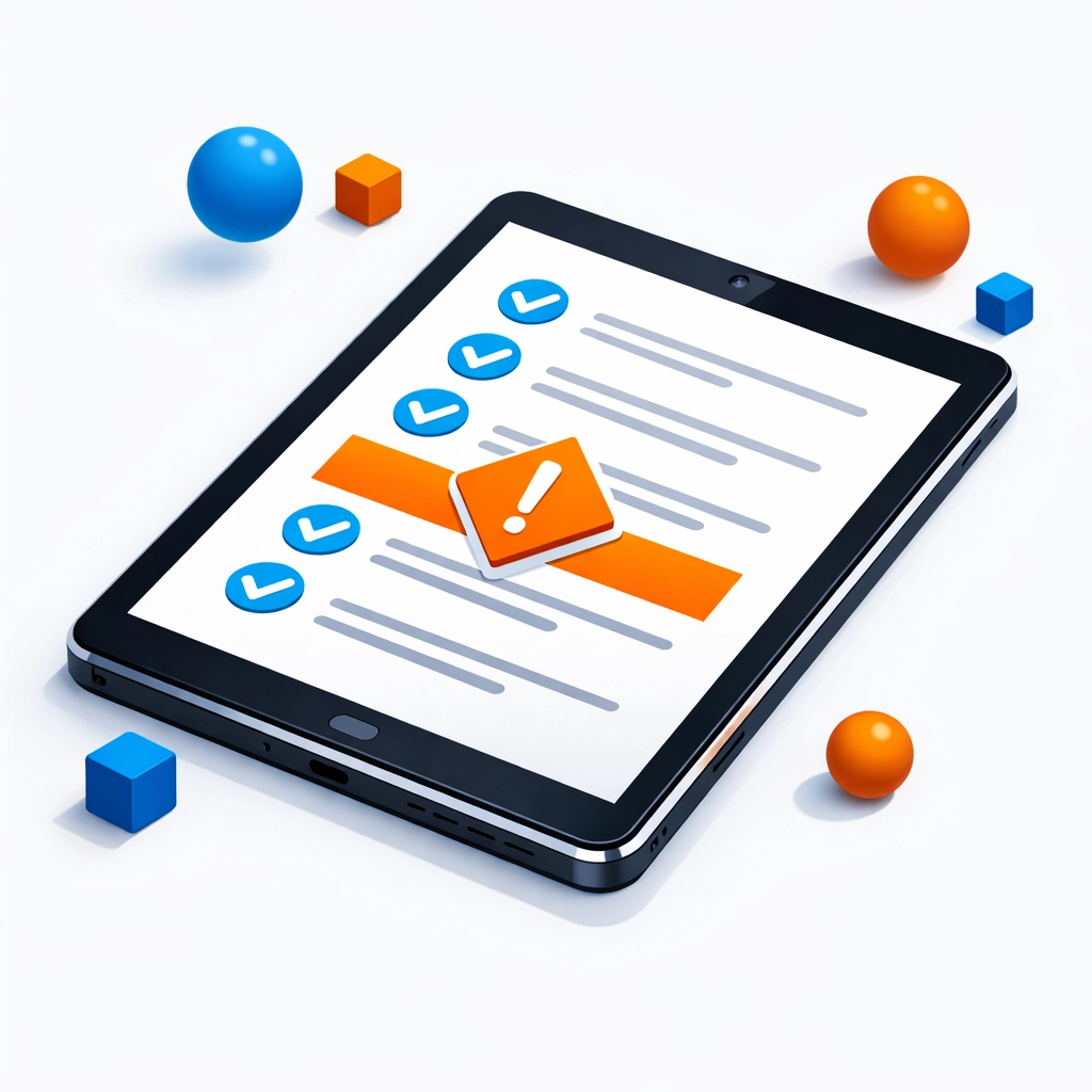 A modern SaaS tablet showing a customer education audit checklist for tracking UI drift and metrics.