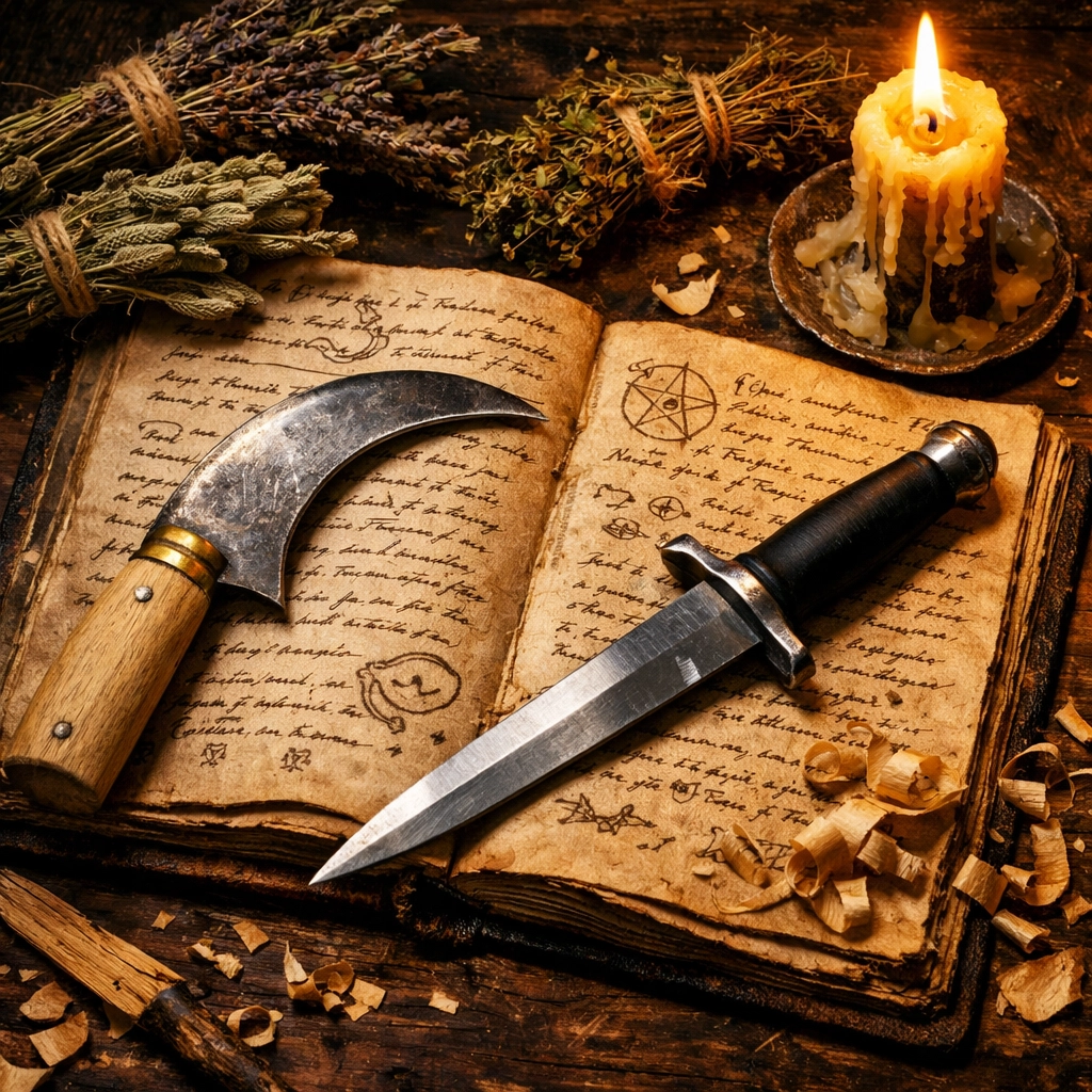 Athame and boline ritual knives with grimoire, candles and herbs on wooden altar surface