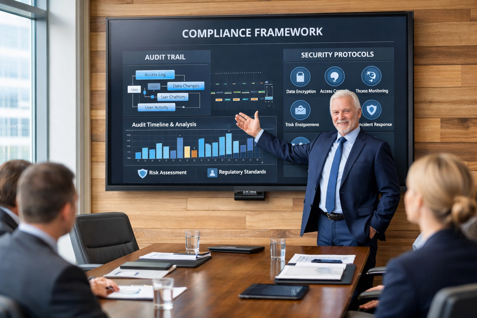 ServiceNow consulting expert presenting compliance framework and security protocols to enterprise team