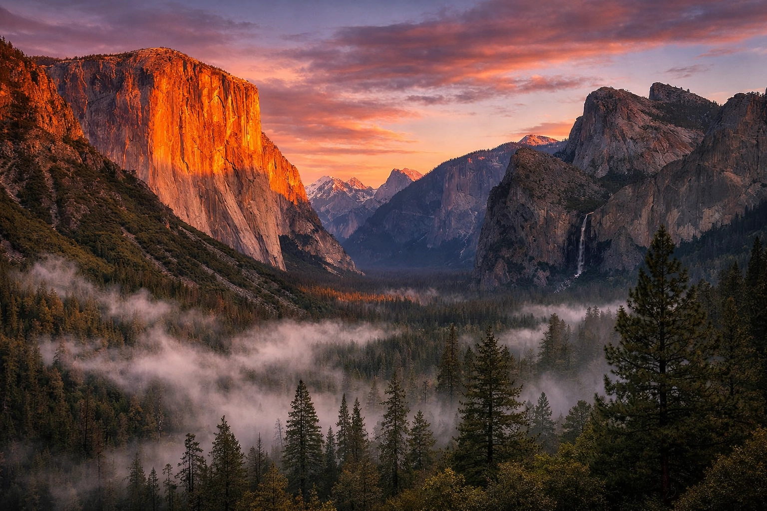 Yosemite Valley landscape at sunset with golden light on El Capitan, edited for fine art photography.