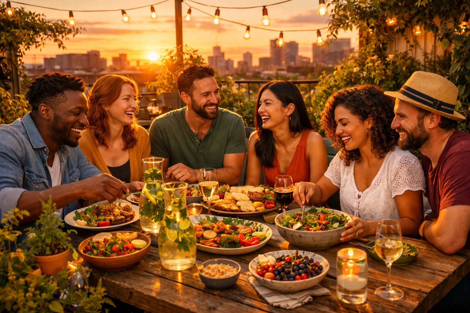 Friends enjoying herb-infused water while sharing healthy lifestyle tips and wellness trends 2026.