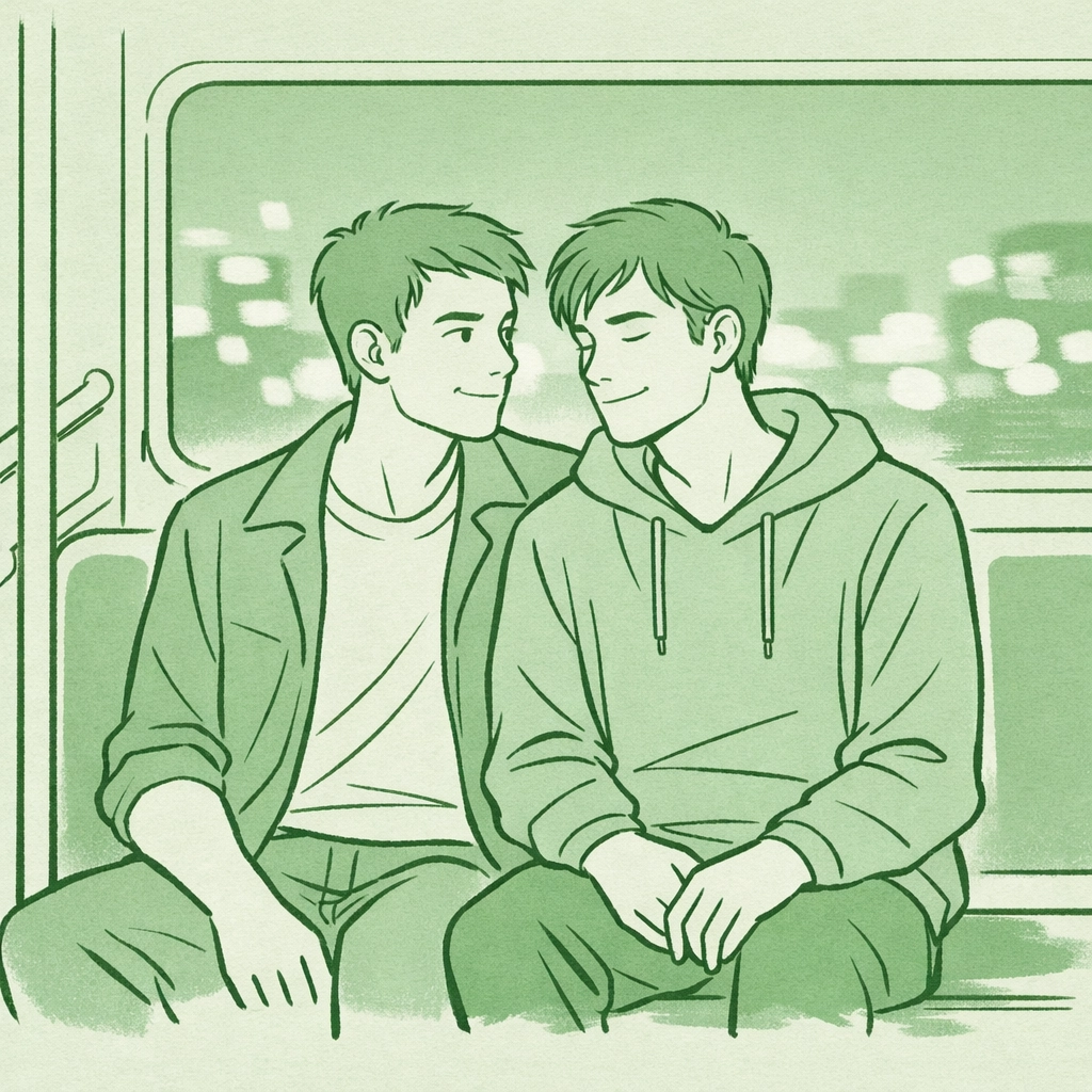 Two men share an intimate moment on a late-night subway - urban MM romance connection