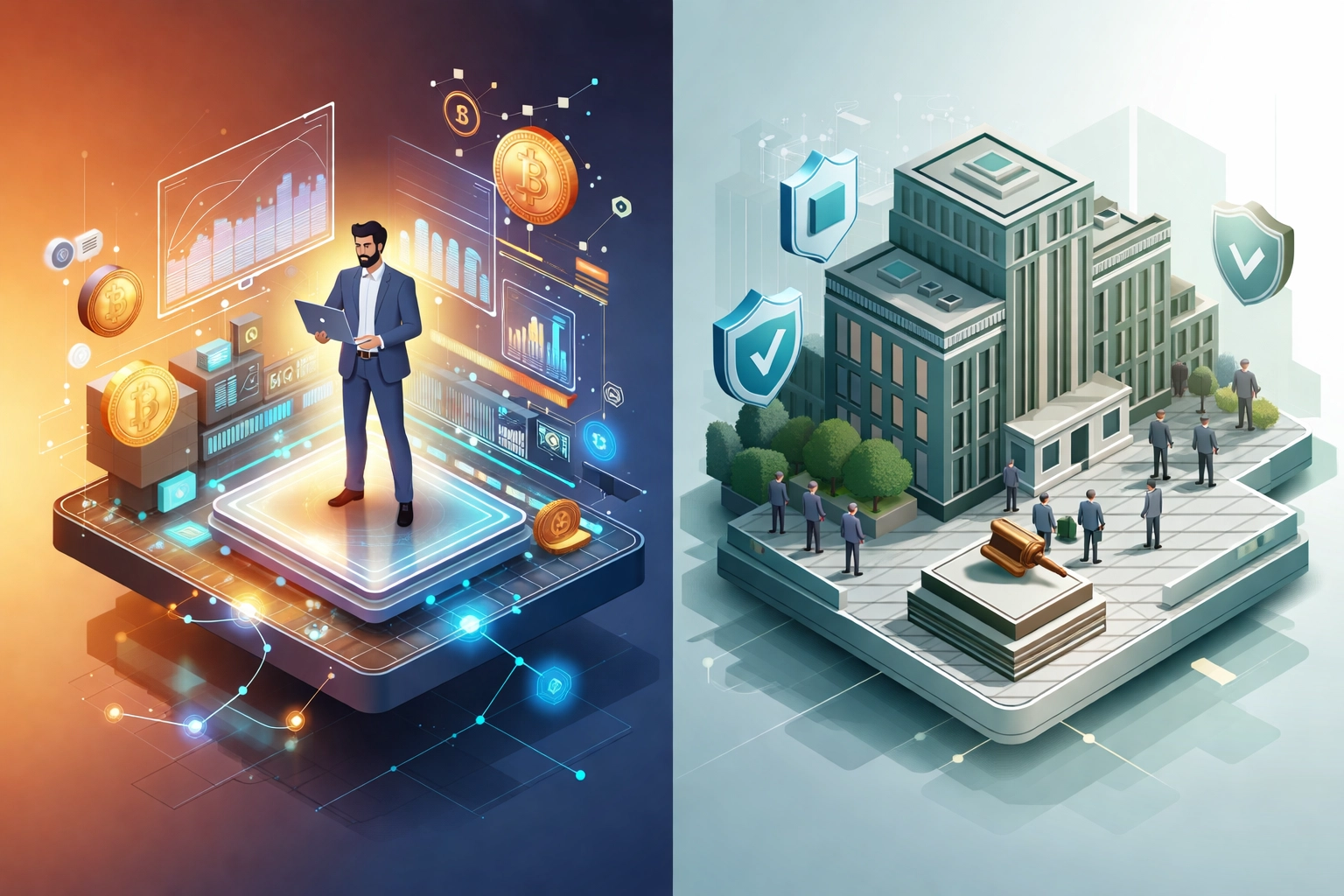 Illustration comparing autonomous cryptocurrency business with a regulated traditional counterpart, highlighting Larecoin vs Triple-A benefits.