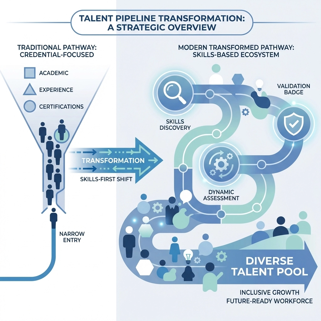 Infographic illustrating a talent pipeline shifting from credential-based to skills-based assessment processes