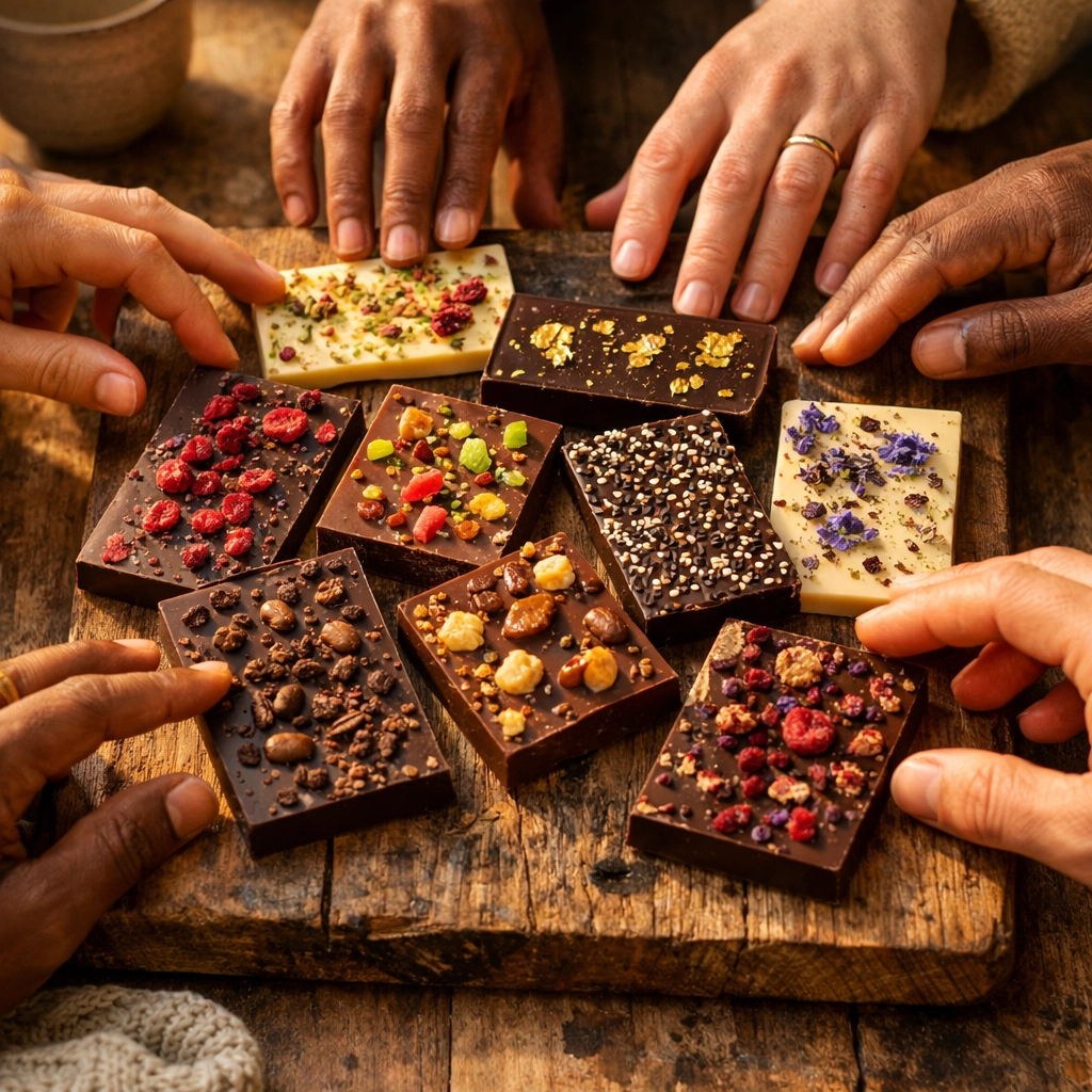 Community of chocolate makers sharing handcrafted artisan chocolate bars with unique toppings and textures