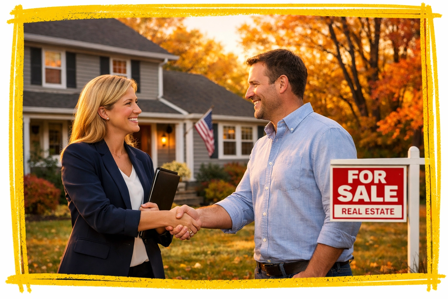 Real estate agent helping client sell inherited Connecticut home with For Sale sign