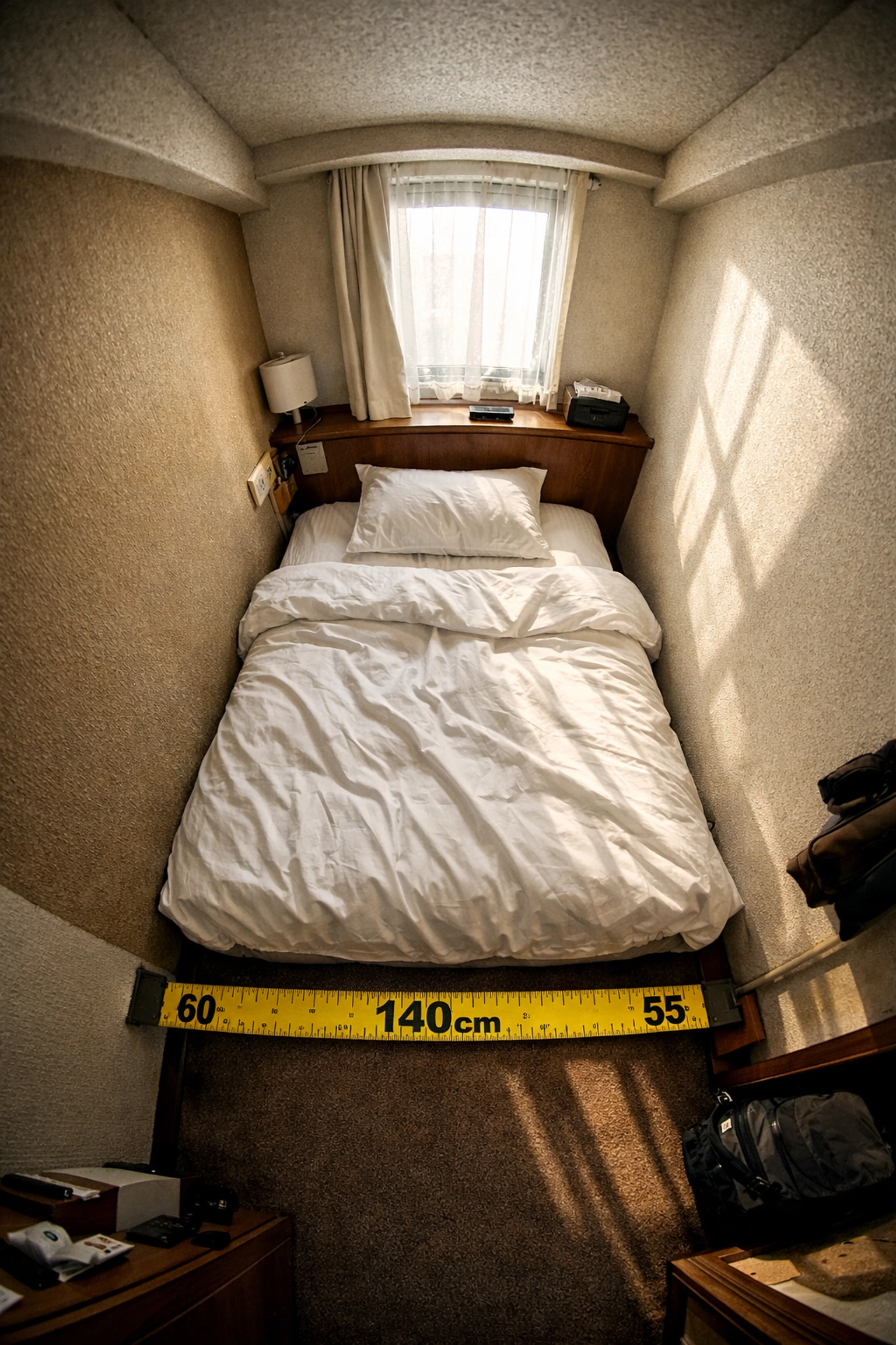 Small hotel room photographed with wide-angle lens showing misleading space and actual size