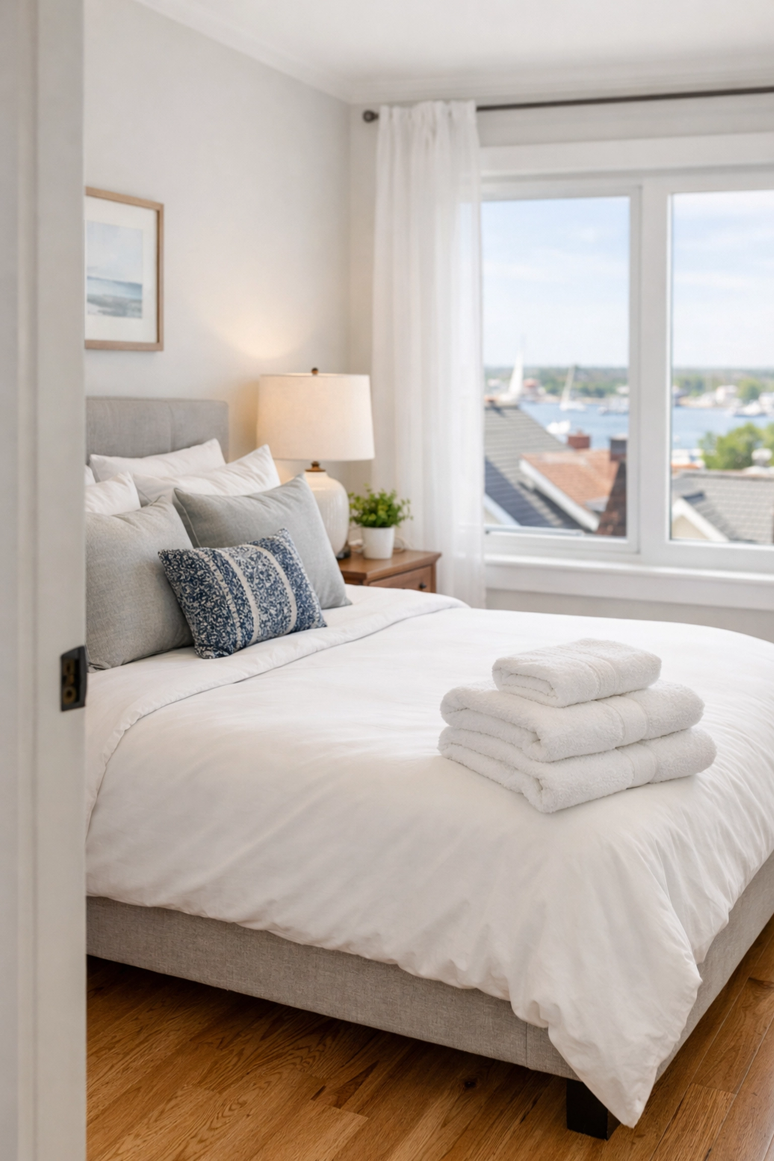 Clean Airbnb bedroom in Annapolis with fresh linens and towels ready for Restaurant Week guests