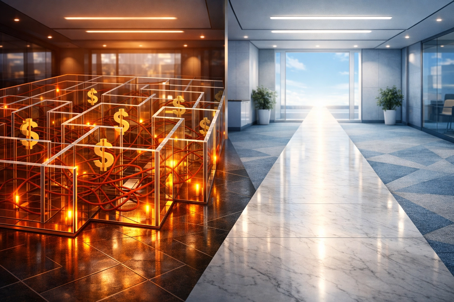 Two diverging paths showing conflicted commission-based advice versus transparent fiduciary retirement planning